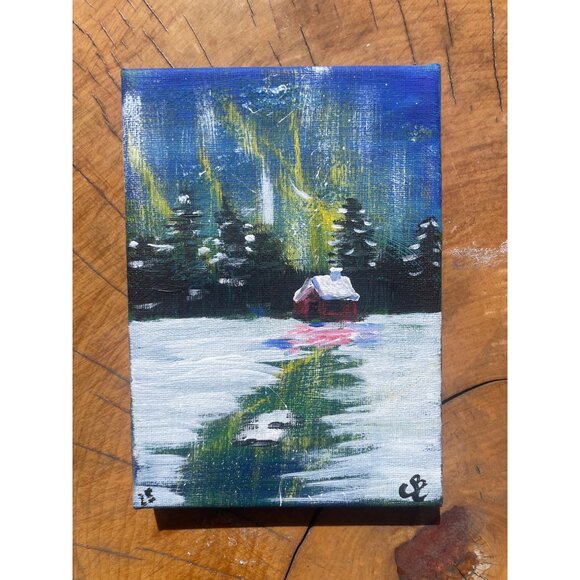 CB Other - Aurora Borealis Winter Scene Hand-Painted Canvas Art 5"x7" Miniature